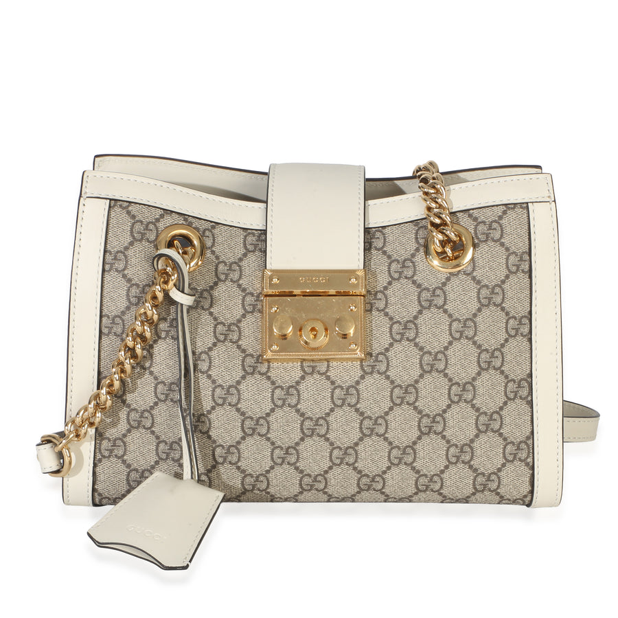 Gucci White Gg Supreme Canvas Small Padlock Tote Beige; Canvas; Leather Handbag