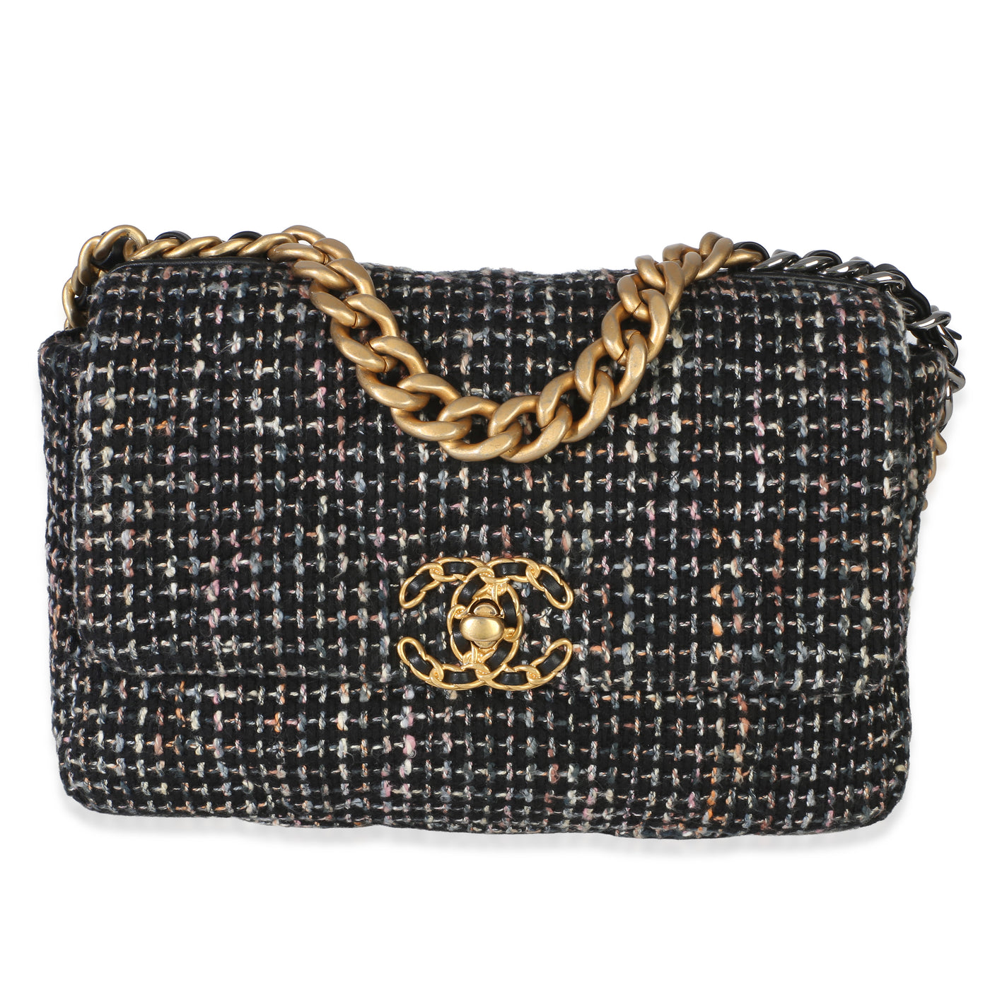Chanel Black Multicolor Tweed Quilted Medium 19 Flap Bag Black; Handbag