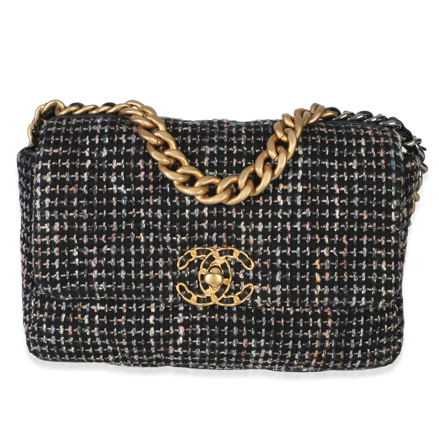 Chanel Black Multicolor Tweed Quilted Medium 19 Flap Bag Black; Handbag