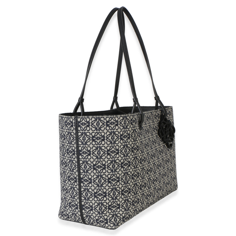 Loewe Navy Black Jacquard Anagram East West Tote Beige; Blue Canvas Handbag