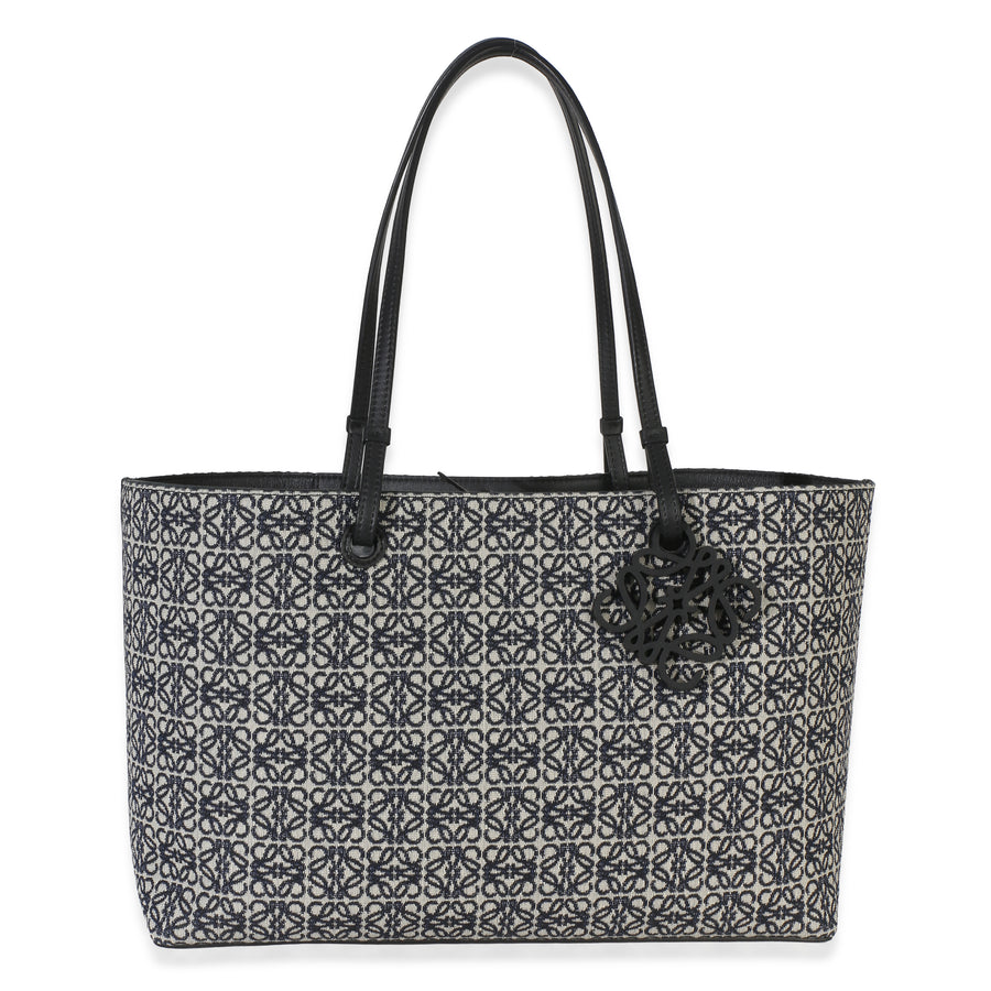 Loewe Navy Black Jacquard Anagram East West Tote Beige; Blue Canvas Handbag