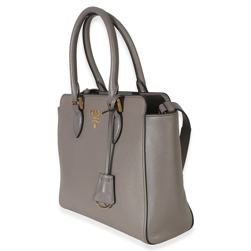 Prada Argilla Saffiano Soft Calfskin Small Top Handle Tote Gray Leather Handbag