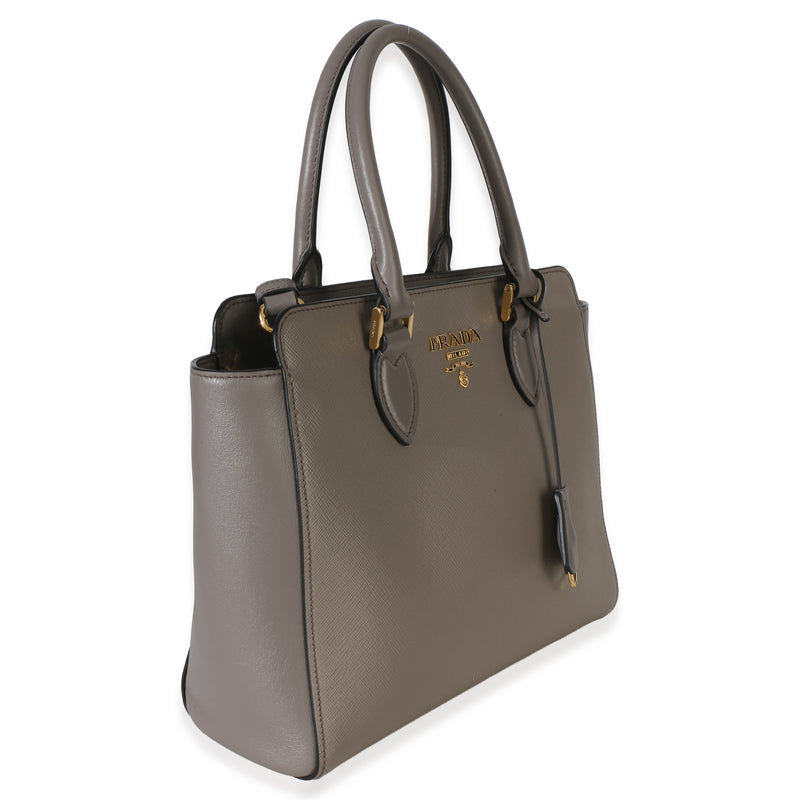 Prada Argilla Saffiano Soft Calfskin Small Top Handle Tote Gray Leather Handbag