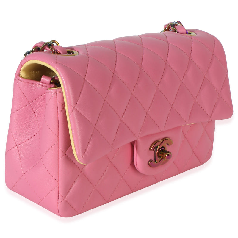 Chanel Pink Quilted Lambskin Rainbow Mini Rectangular Flap Bag Leather Handbag