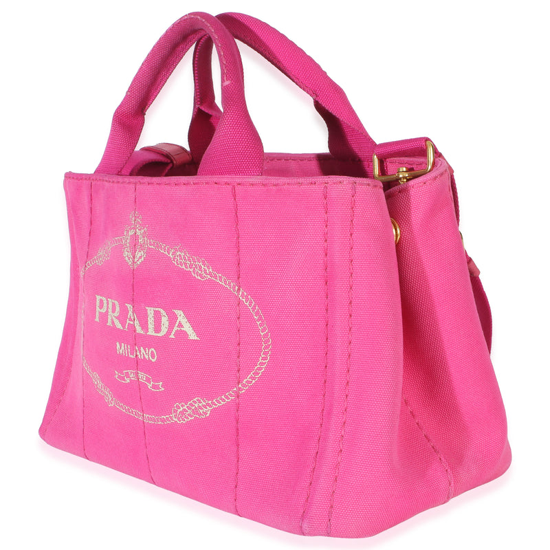 Prada Dark Pink Canvas White Logo Small Canapa Tote Handbag