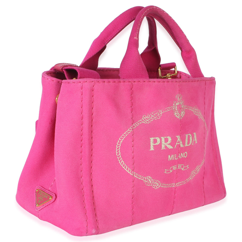 Prada Dark Pink Canvas White Logo Small Canapa Tote Handbag