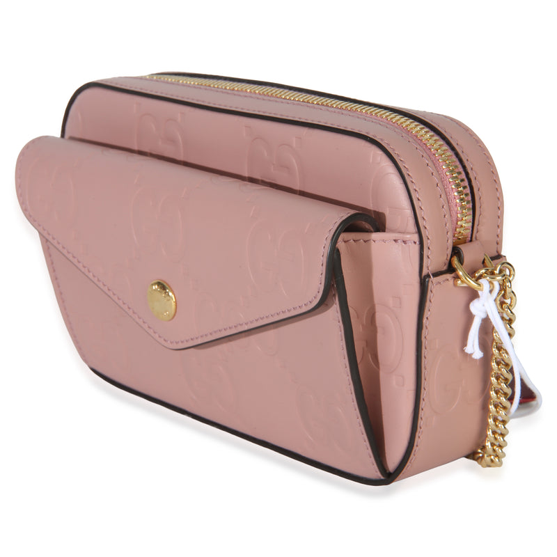 Gucci Light Pink Calfskin Debossed Gg Super Mini Chain Wallet Leather Handbag