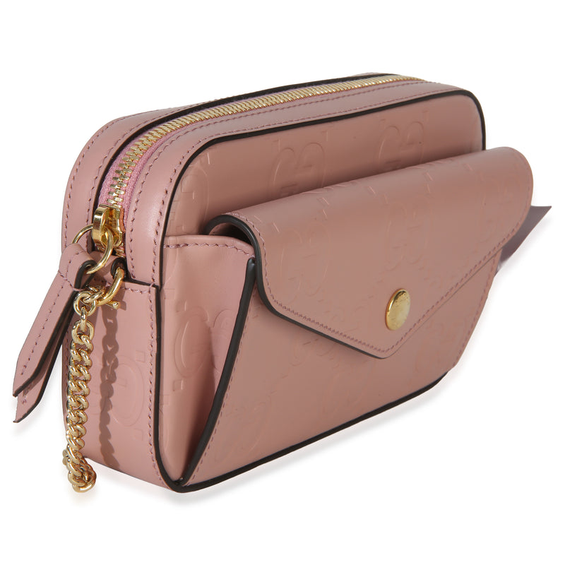 Gucci Light Pink Calfskin Debossed Gg Super Mini Chain Wallet Leather Handbag