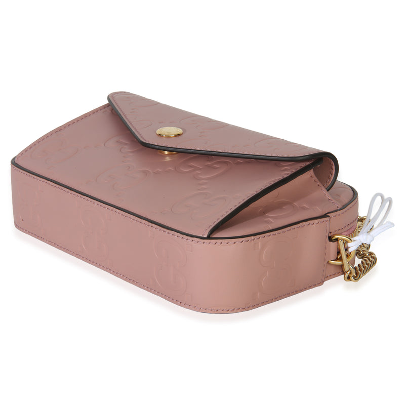 Gucci Light Pink Calfskin Debossed Gg Super Mini Chain Wallet Leather Handbag