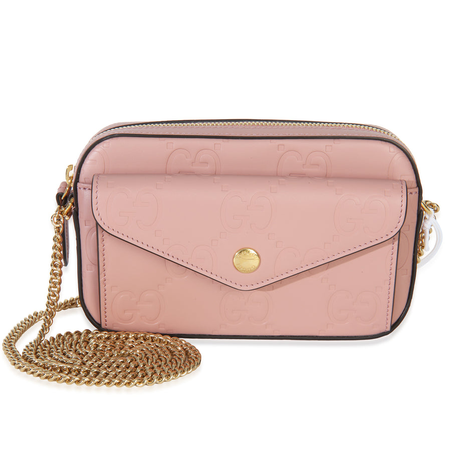 Gucci Light Pink Calfskin Debossed Gg Super Mini Chain Wallet Leather Handbag