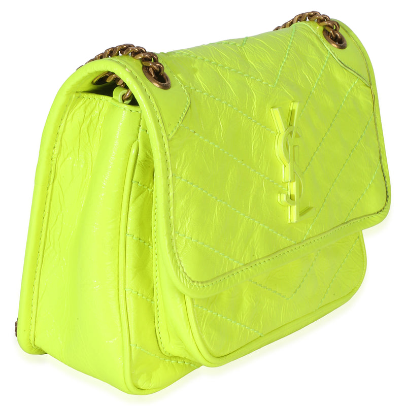 Saint Laurent Yellow Crinkled Calfskin Matelasse Baby Niki Chain Satchel Leather Handbag