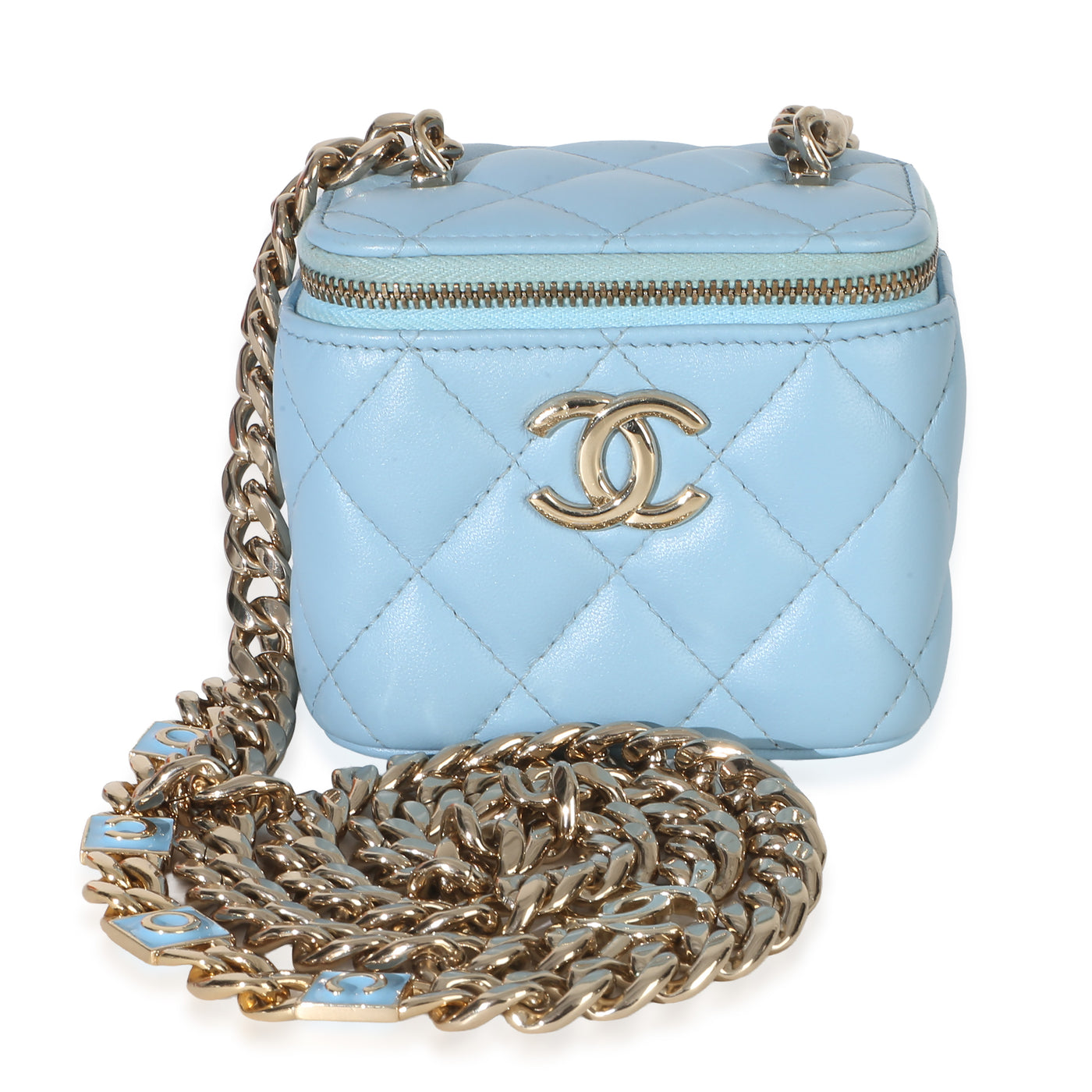 Chanel Blue Quilted Lambskin Coco Chain Mini Vanity Case Leather Handbag