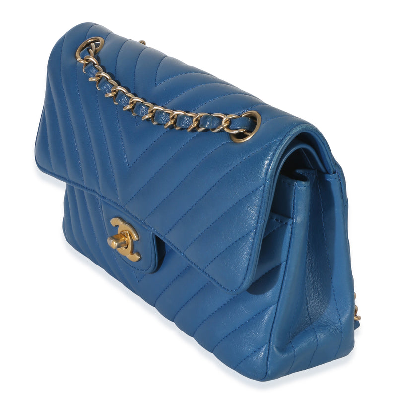 Chanel Blue Chevron Lambskin Small Classic Double Flap Bag Leather Handbag