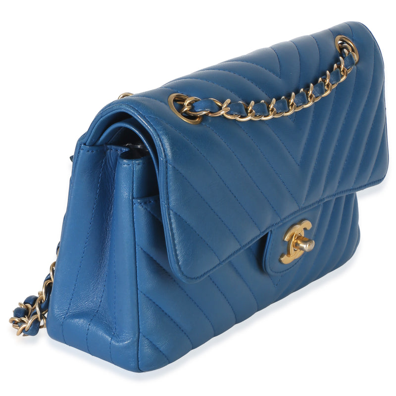 Chanel Blue Chevron Lambskin Small Classic Double Flap Bag Leather Handbag
