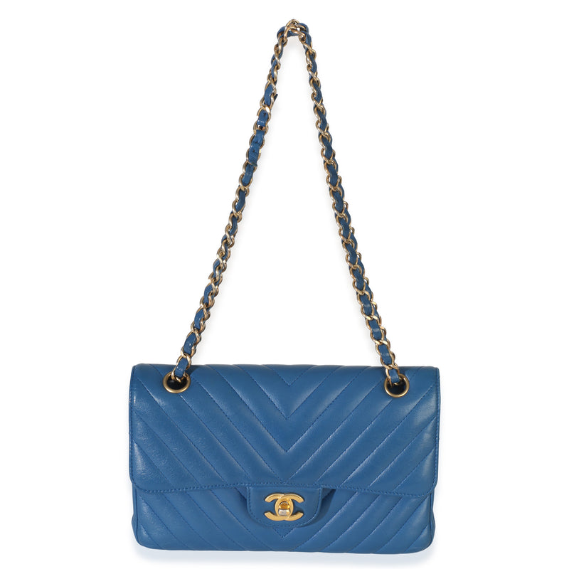 Chanel Blue Chevron Lambskin Small Classic Double Flap Bag Leather Handbag