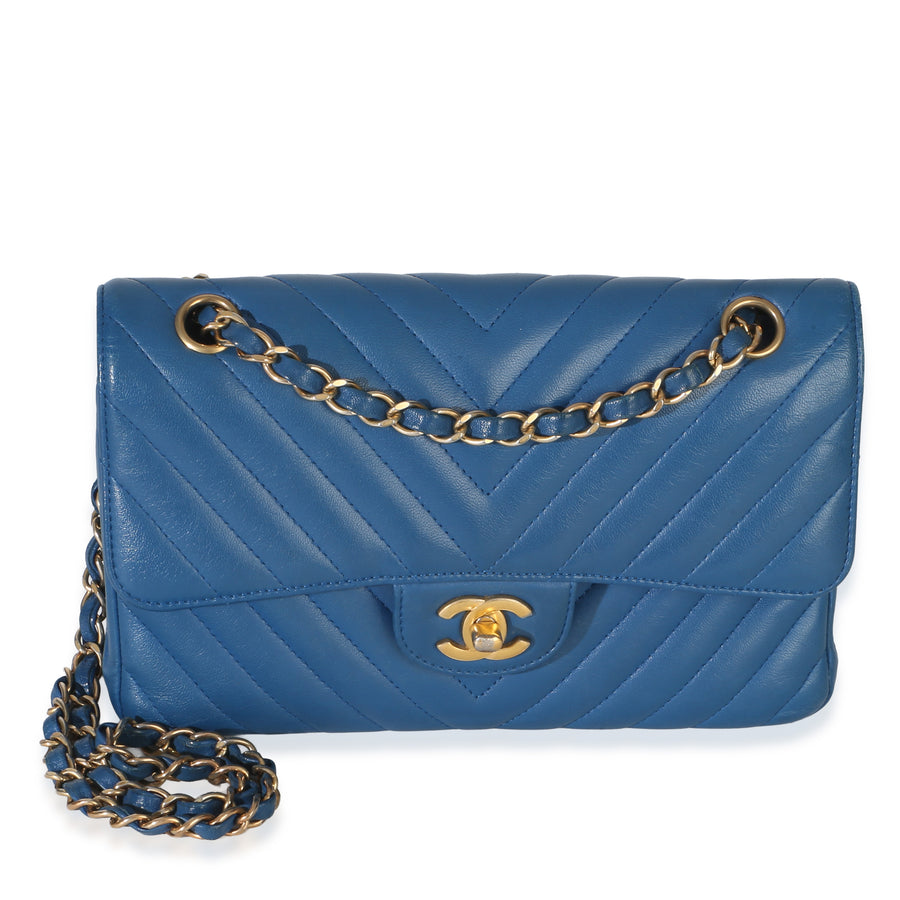 Chanel Blue Chevron Lambskin Small Classic Double Flap Bag Leather Handbag