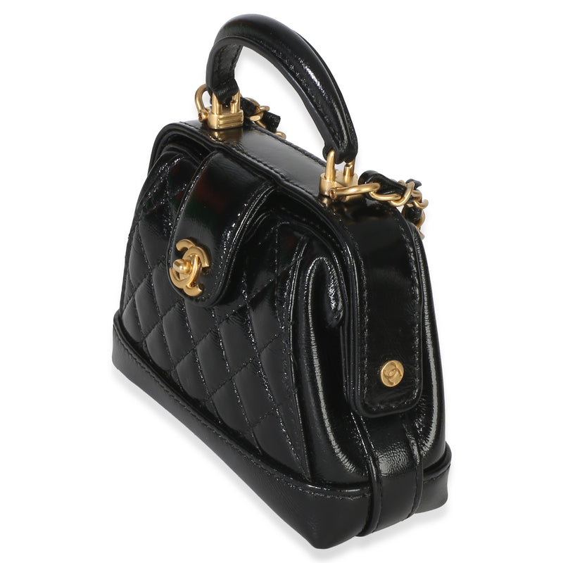 Chanel Black Quilted Shiny Lambskin Nano Cocodoc Clutch With Chain Leather Handbag