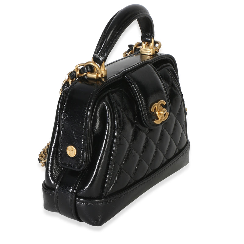 Chanel Black Quilted Shiny Lambskin Nano Cocodoc Clutch With Chain Leather Handbag