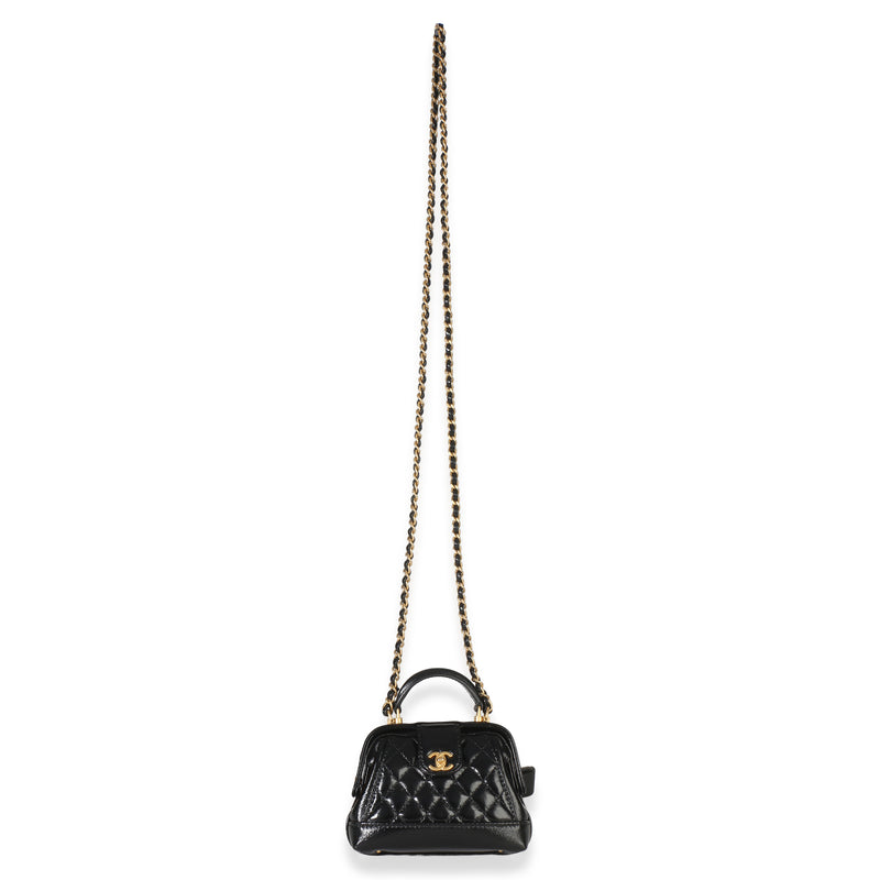 Chanel Black Quilted Shiny Lambskin Nano Cocodoc Clutch With Chain Leather Handbag