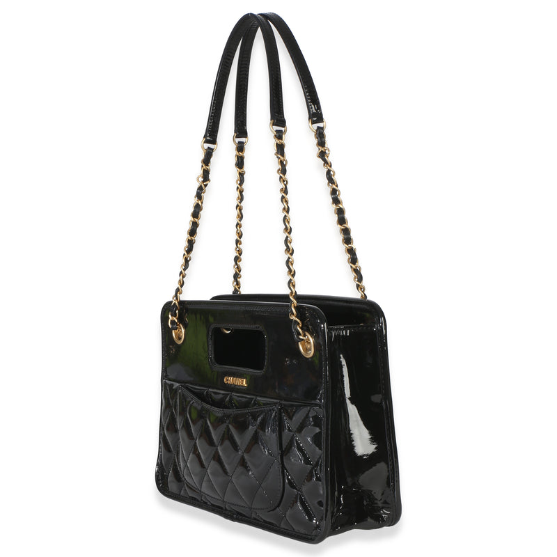 Chanel Black Quilted Patent Graphic Catch Small Shopping Bag Leather Handbag