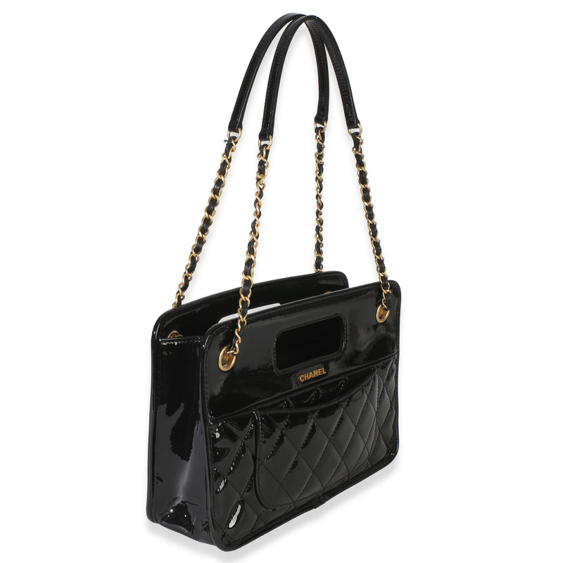 Chanel Black Quilted Patent Graphic Catch Small Shopping Bag Leather Handbag
