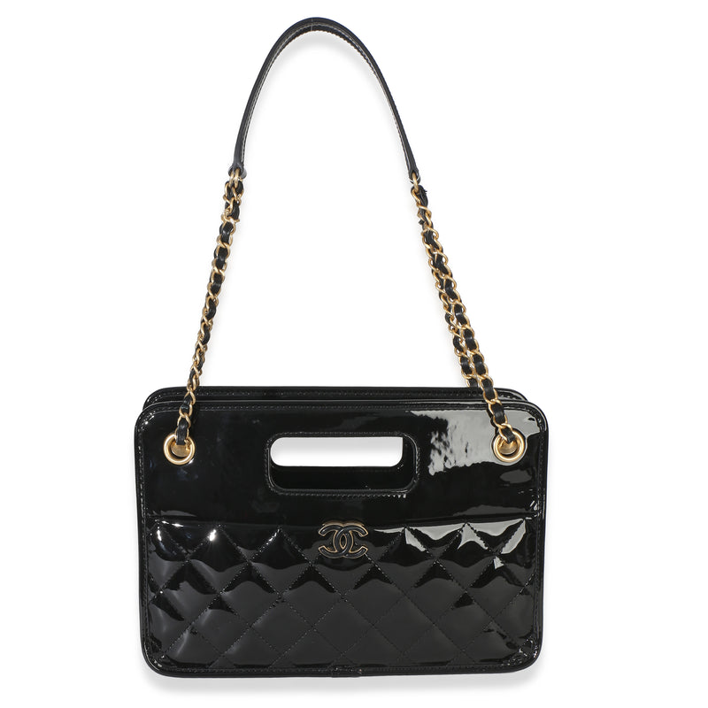 Chanel Black Quilted Patent Graphic Catch Small Shopping Bag Leather Handbag