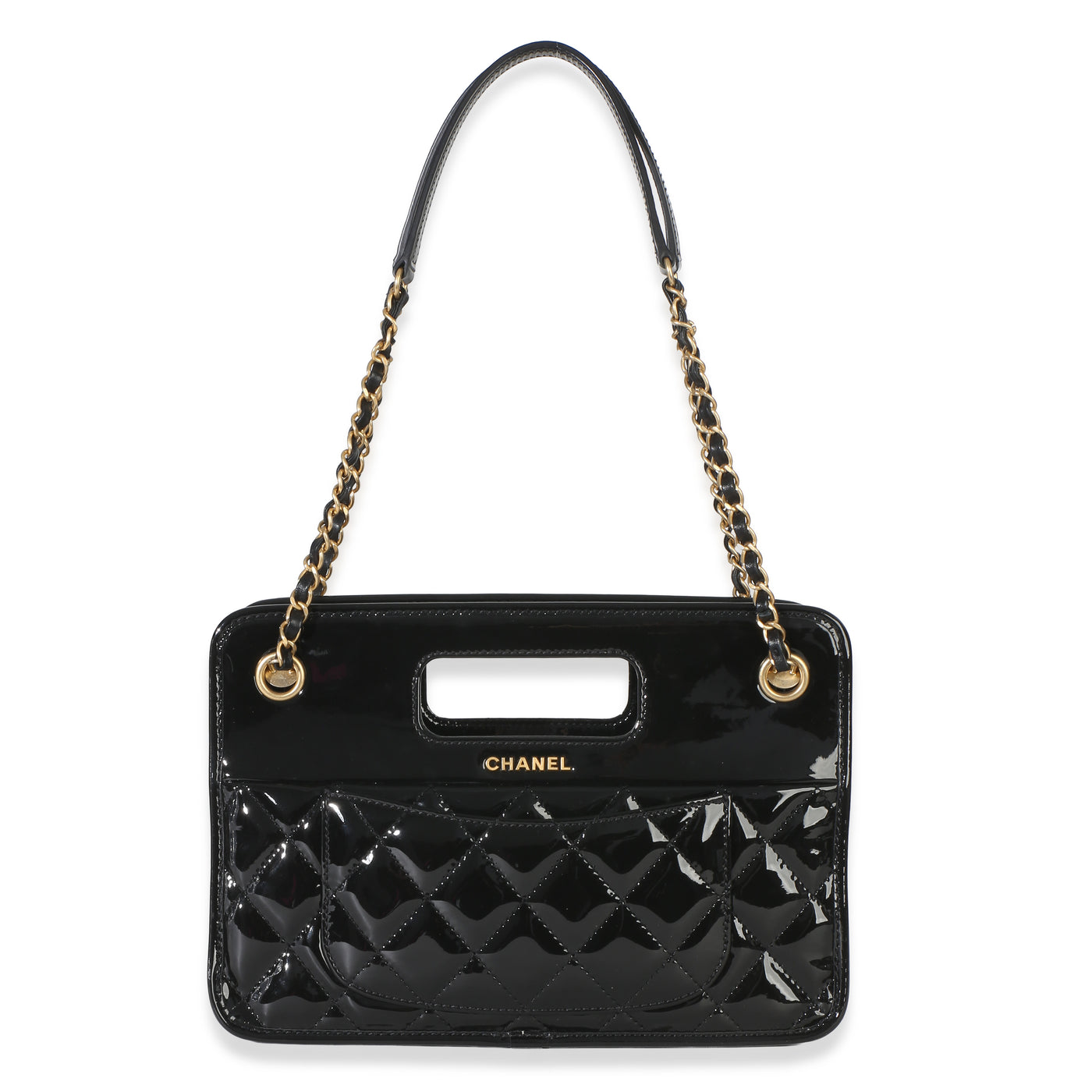 Chanel Black Quilted Patent Graphic Catch Small Shopping Bag Leather Handbag