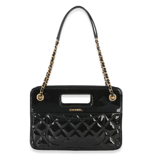 Chanel Black Quilted Patent Graphic Catch Small Shopping Bag Leather Handbag