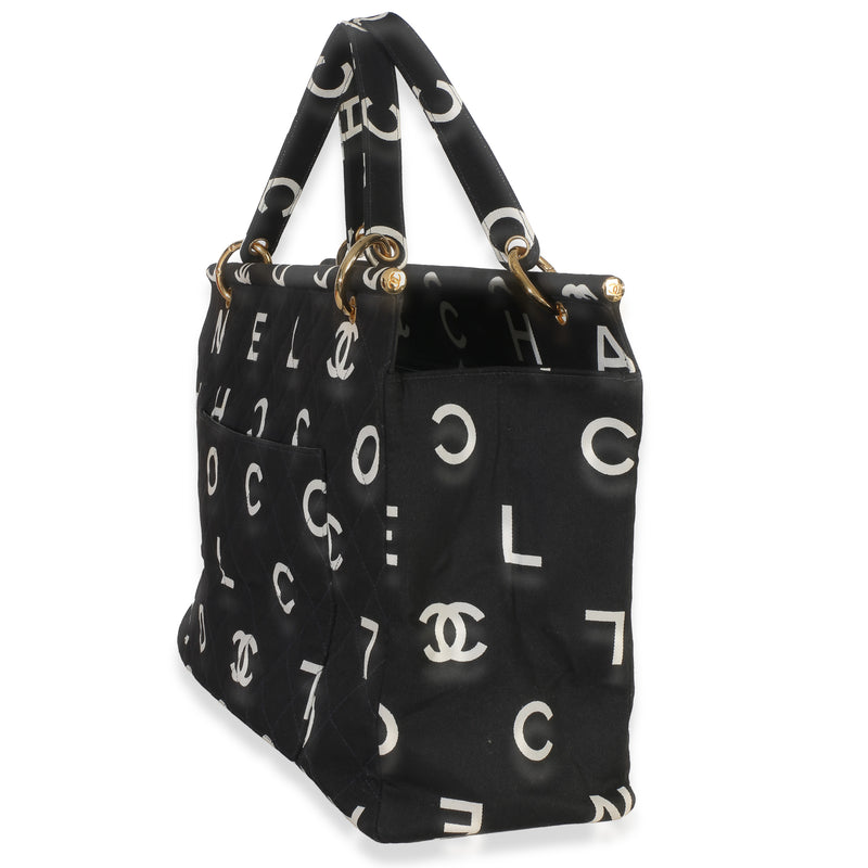 Chanel Vintage Black White Quilted Canvas Logo Tote Handbag