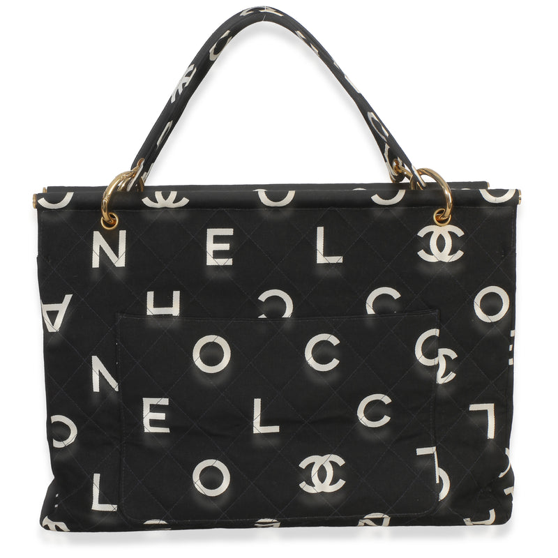 Chanel Vintage Black White Quilted Canvas Logo Tote Handbag