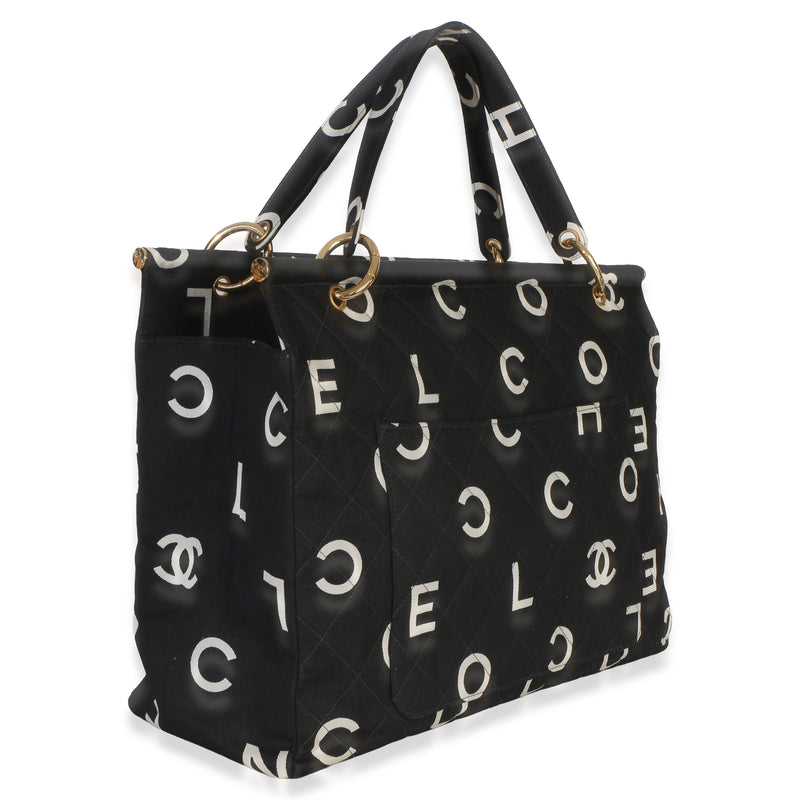 Chanel Vintage Black White Quilted Canvas Logo Tote Handbag