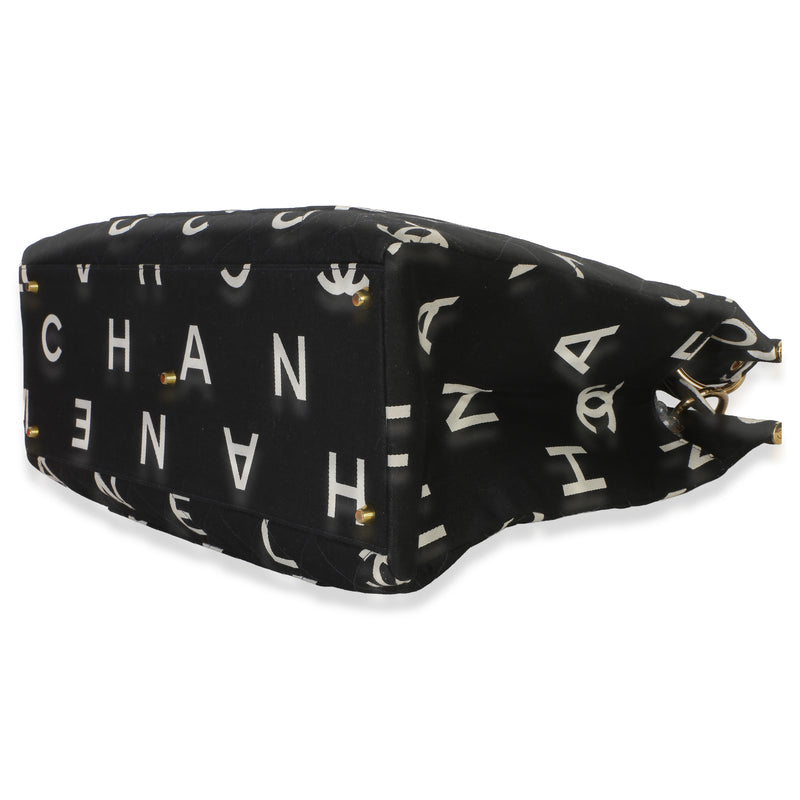Chanel Vintage Black White Quilted Canvas Logo Tote Handbag