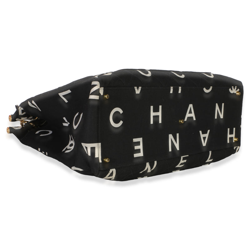 Chanel Vintage Black White Quilted Canvas Logo Tote Handbag