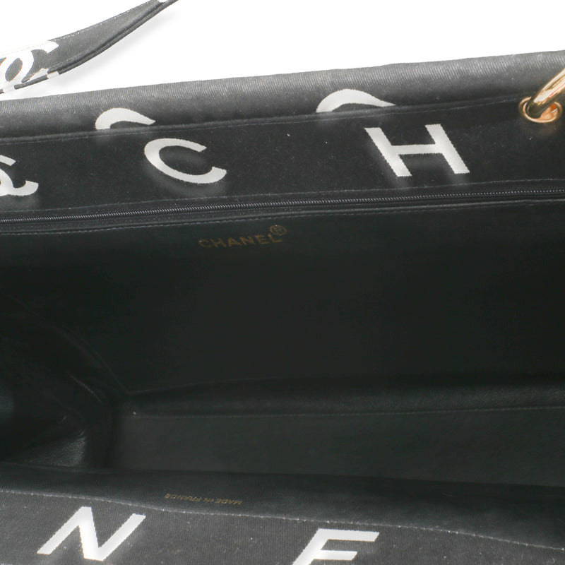 Chanel Vintage Black White Quilted Canvas Logo Tote Handbag