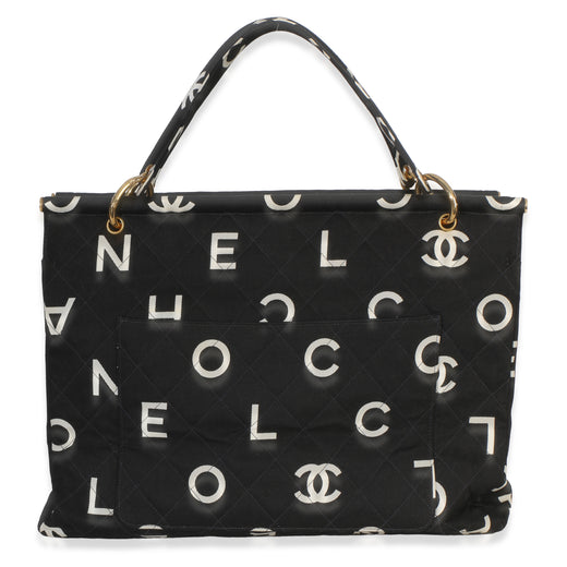 Chanel Vintage Black White Quilted Canvas Logo Tote Handbag