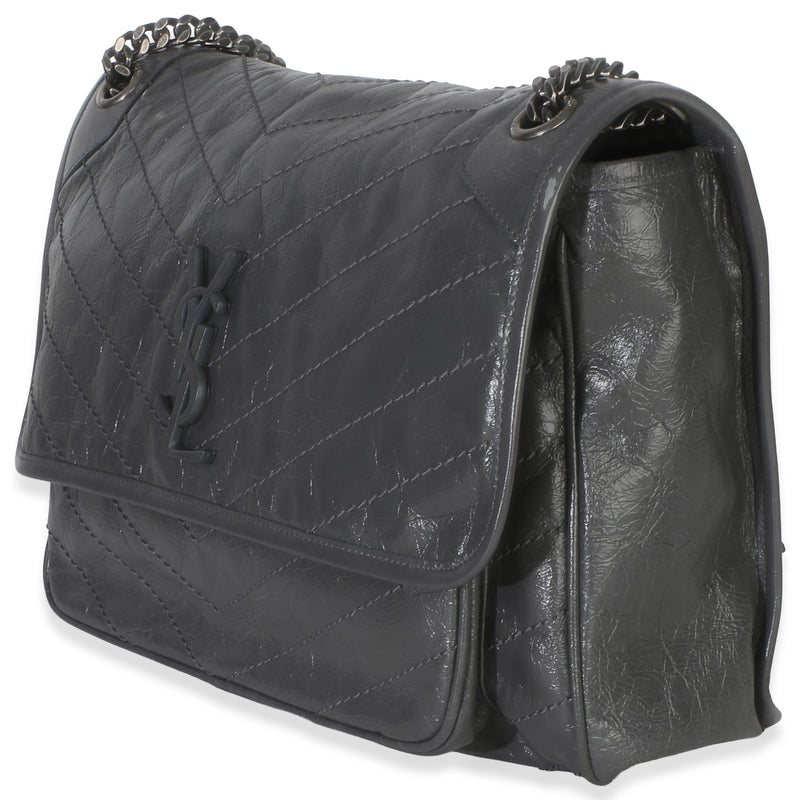 Saint Laurent Grey Crinkled Calfskin Matelasse Large Niki Chain Satchel Gray Leather Handbag