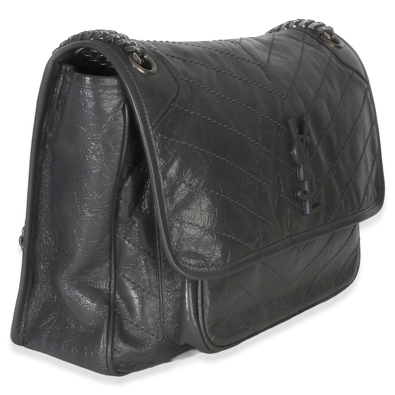 Saint Laurent Grey Crinkled Calfskin Matelasse Large Niki Chain Satchel Gray Leather Handbag