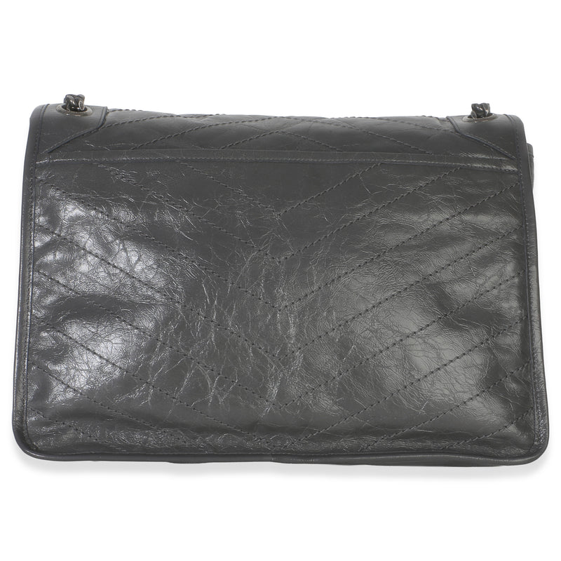 Saint Laurent Grey Crinkled Calfskin Matelasse Large Niki Chain Satchel Gray Leather Handbag