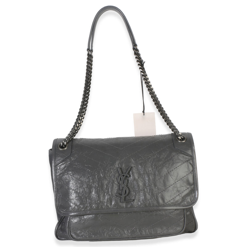 Saint Laurent Grey Crinkled Calfskin Matelasse Large Niki Chain Satchel Gray Leather Handbag