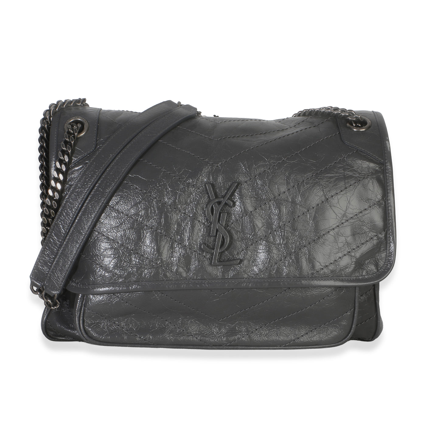 Saint Laurent Grey Crinkled Calfskin Matelasse Large Niki Chain Satchel Gray Leather Handbag