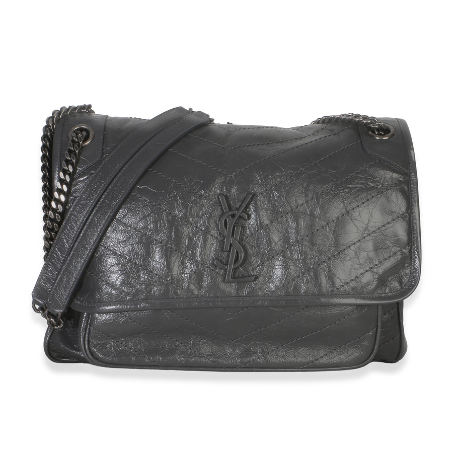 Saint Laurent Grey Crinkled Calfskin Matelasse Large Niki Chain Satchel Gray Leather Handbag