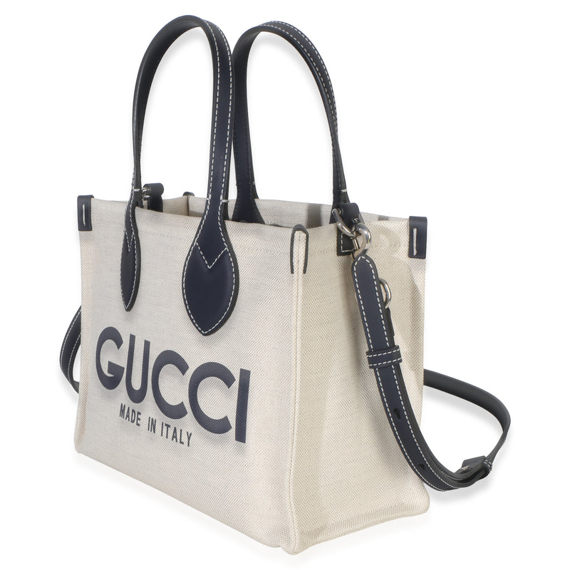 Gucci Navy Canvas Calfskin Logo Print Mini Tote Beige; Blue Handbag