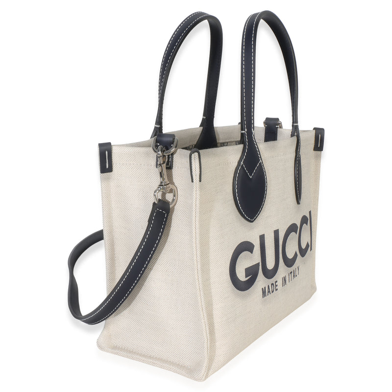 Gucci Navy Canvas Calfskin Logo Print Mini Tote Beige; Blue Handbag