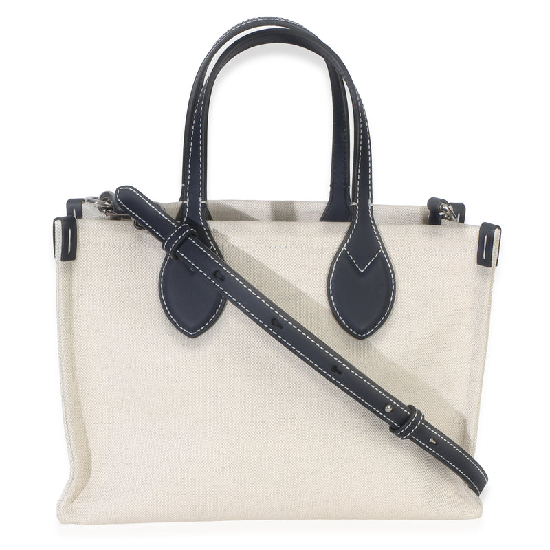 Gucci Navy Canvas Calfskin Logo Print Mini Tote Beige; Blue Handbag