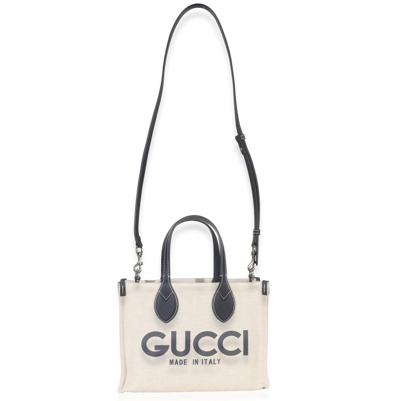 Gucci Navy Canvas Calfskin Logo Print Mini Tote Beige; Blue Handbag