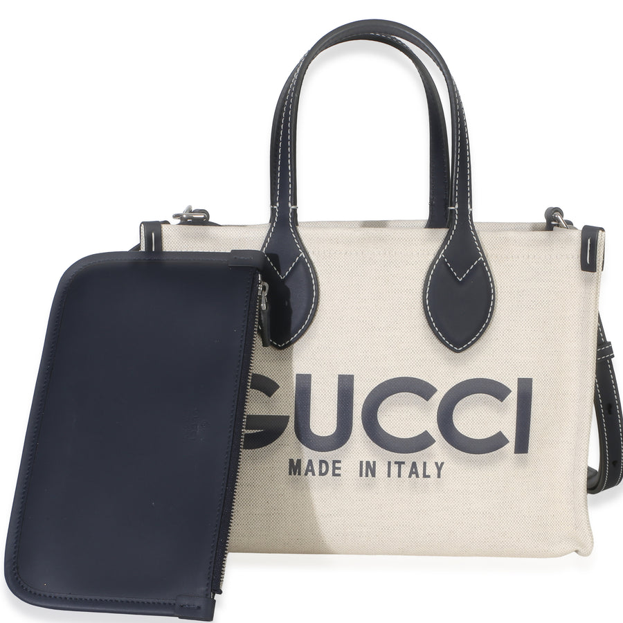 Gucci Navy Canvas Calfskin Logo Print Mini Tote Beige; Blue Handbag