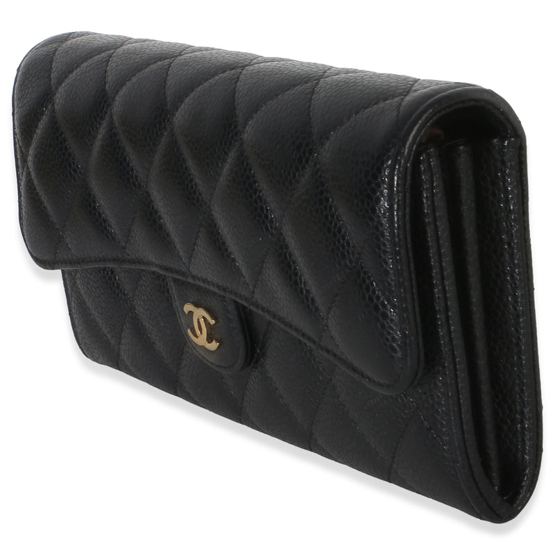 Chanel Black Quilted Caviar Large Gusset Flap Wallet Leather