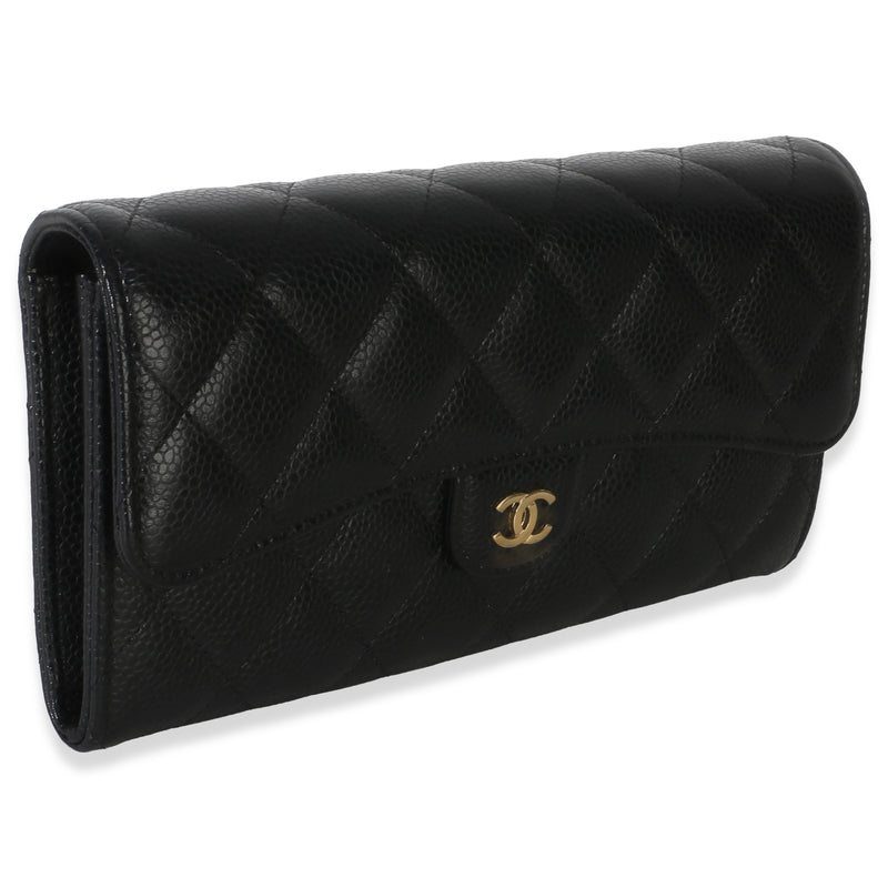 Chanel Black Quilted Caviar Large Gusset Flap Wallet Leather