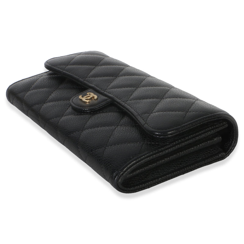Chanel Black Quilted Caviar Large Gusset Flap Wallet Leather