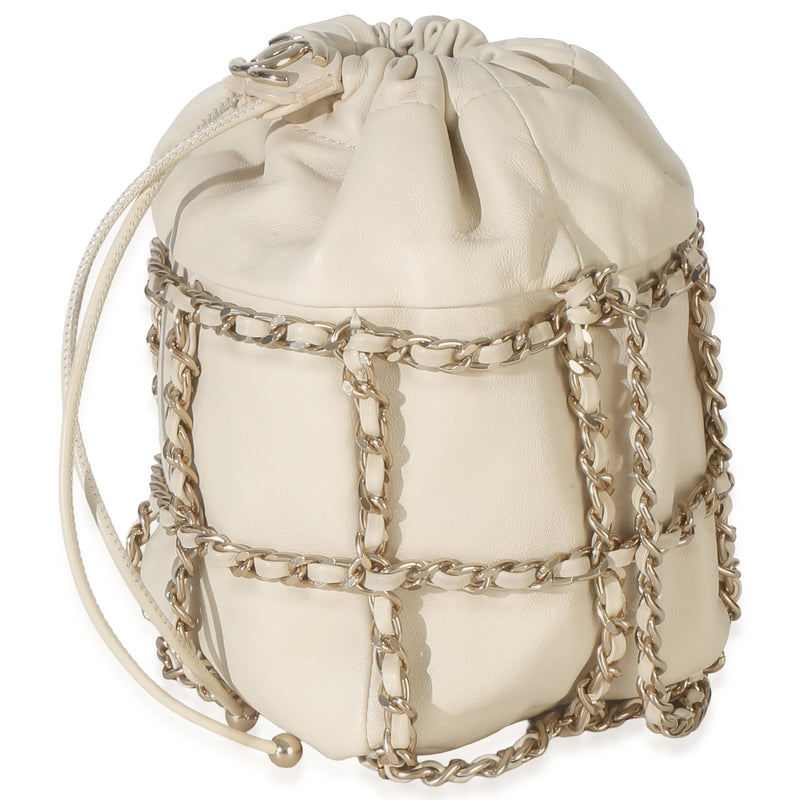 Chanel White Lambskin Chain Frame Drawstring Bucket Bag Neutral; Leather Handbag